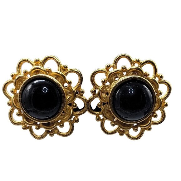 Runway Style Clip-On Earrings Gold Black Stone Center - Picture 2 of 14